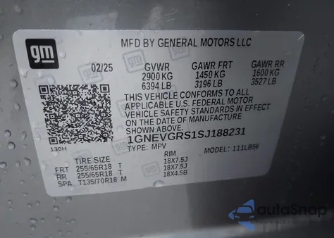 2025 Chevrolet Traverse Awd Lt z USA, uszkodzony, nr VIN 1GNEVGRS1SJ188231